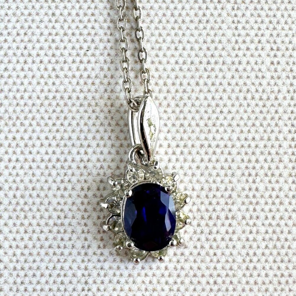 Silver-Tone Necklace With Blue Faceted Glass Rhinestone Pendant & Clear Rhinesto